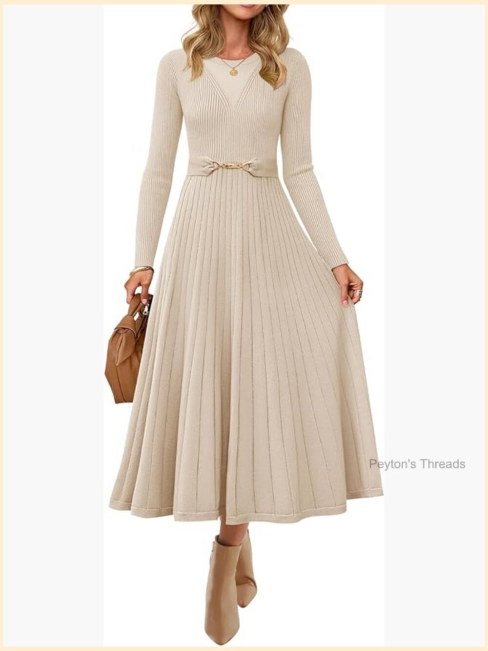 Long Sleeve Midi Sweater Dress Crewneck Knit A Line Pleated Flowy with Belt - Picture 1 of 7